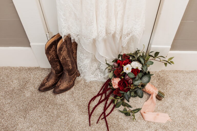 arranged elegance bouquet boots dress red pink florals 1 768x512
