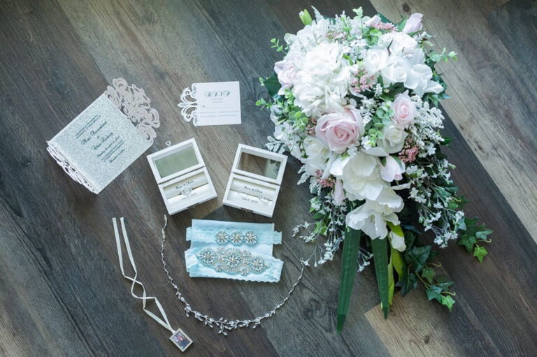 arranged elegance white bridal details cascading bouquet 1 768x511
